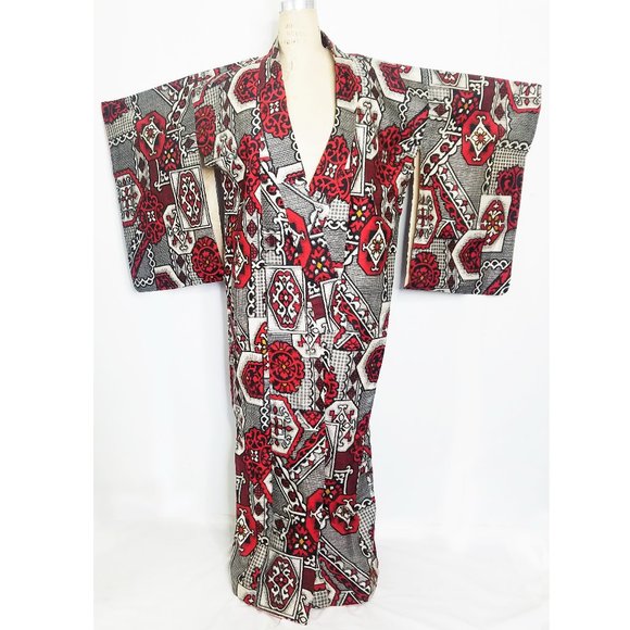 Antique Japanese Silk Kimono Unique Geometric Design Made Japan Vintage Unisex - Picture 1 of 6